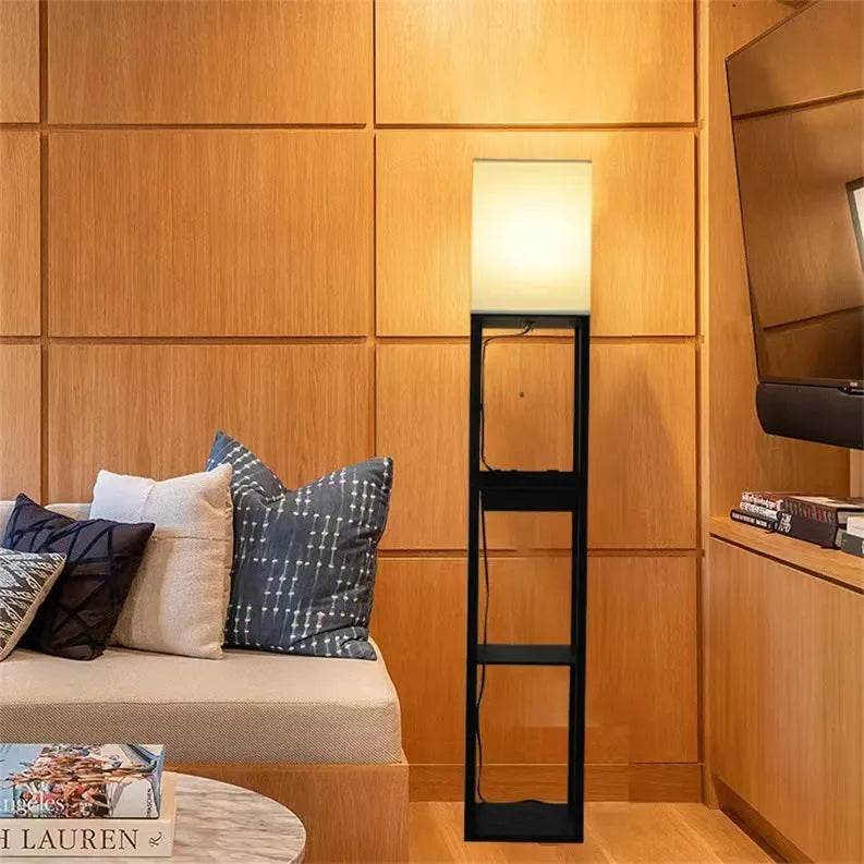 Black wooden floor lamp with fabric shade and charging shelf, D260xH1600mm, LED light
