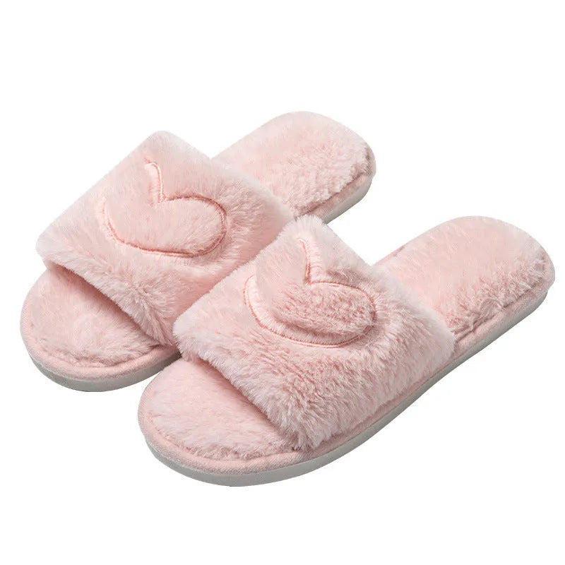 Plush open toe couple slippers in black with TPR sole and thickening upper