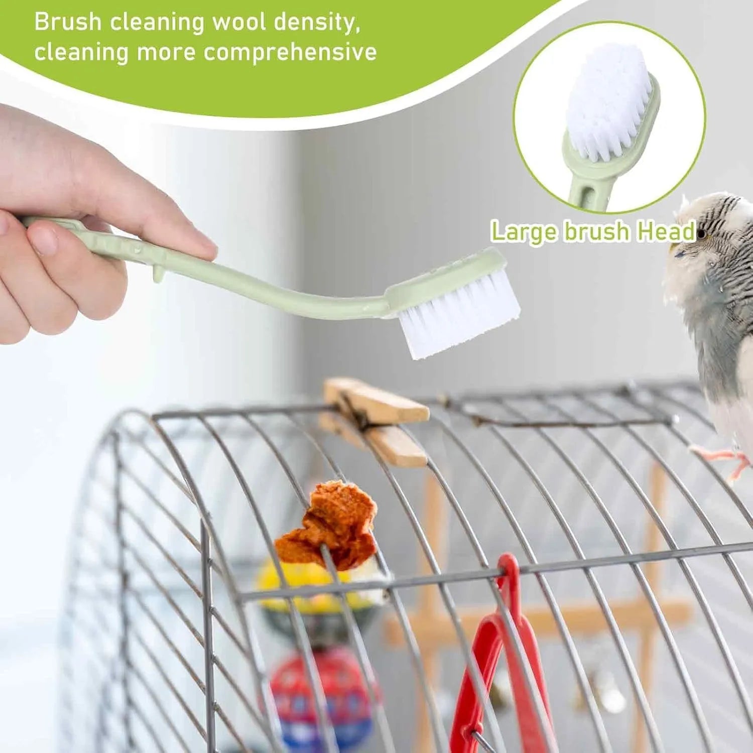 Bird cage cleaner with two plastic brush heads on a long handle in beige, blue, and green colours
