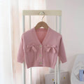 Girls V-neck bow knot cardigan in beige acrylic knit suitable for children 80-120cm tall