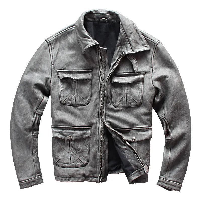 Men's gray genuine leather jacket with shirt collar, round hem, chest pocket, and color block pattern, sizes S-XXXXL.