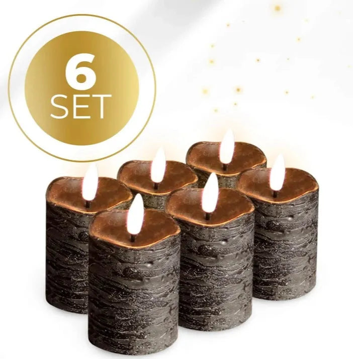 Black LED pillar candle with a flickering flame effect, measuring D5X H7CM.