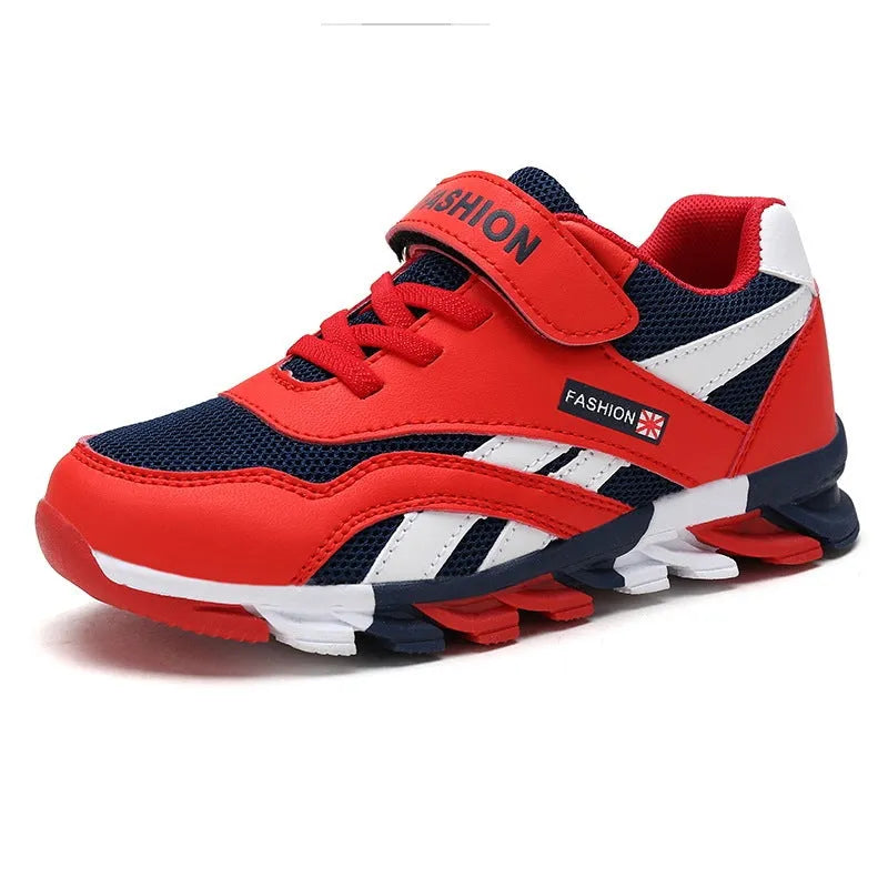 Children's cotton magic sports running shoes with Velcro fastening in grey leather surface