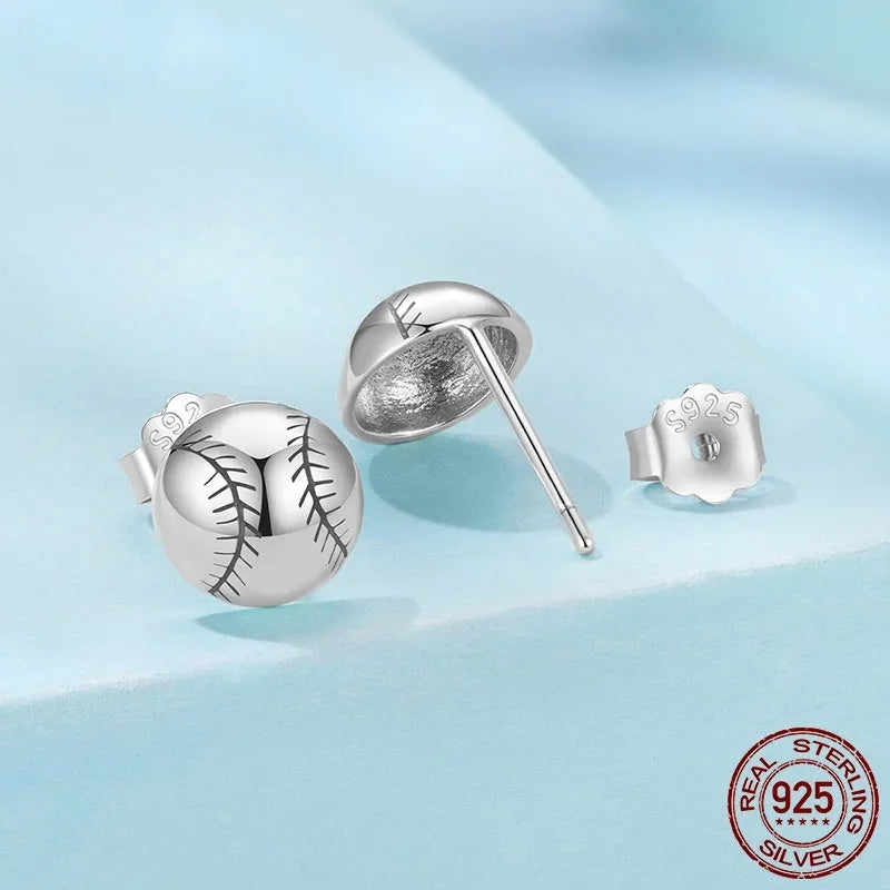 S925 sterling silver baseball stud earrings polished finish silver colour on white background
