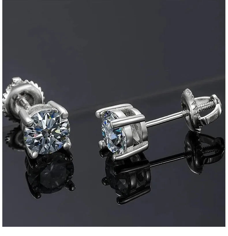 Silver screw-back moissanite stud earrings with geometric design and four-claw stone settings