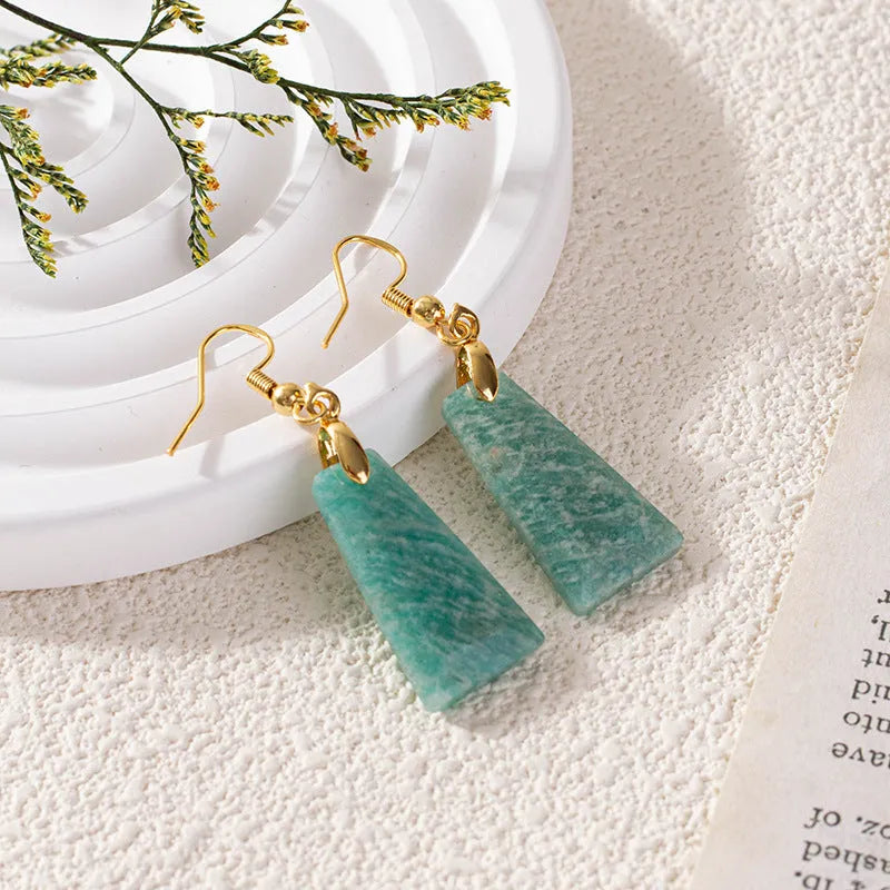 Amazonite rough stone trapezoid earrings with geometric octagon and quadrangle elements
