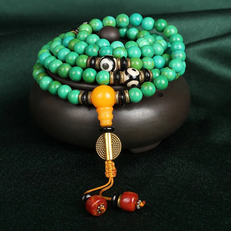 Natural raw ore turquoise bracelet with 108 polished 8mm round beads in national style