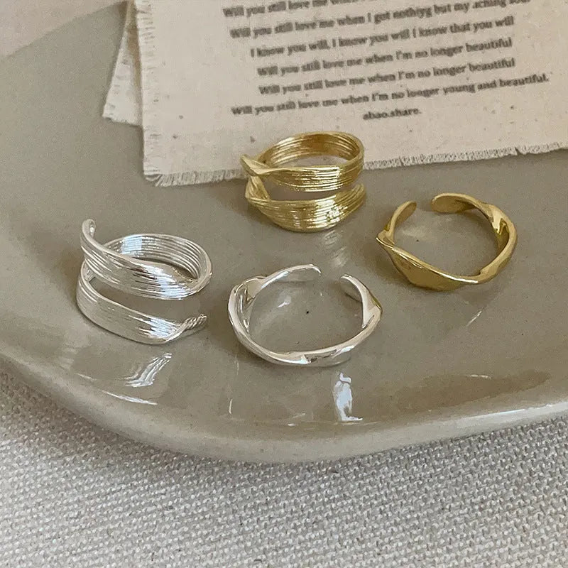 Irregular metal opening ring for women, copper with electroplated gold or silver finish, geometric shape