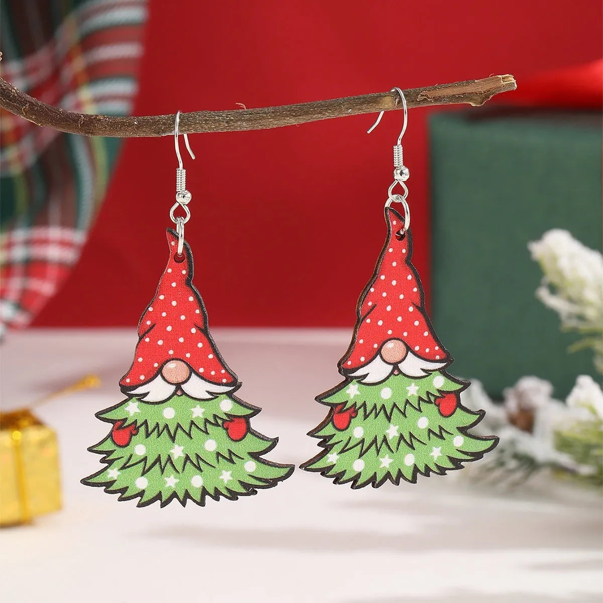 Christmas wooden earrings with printed tree and snowman designs