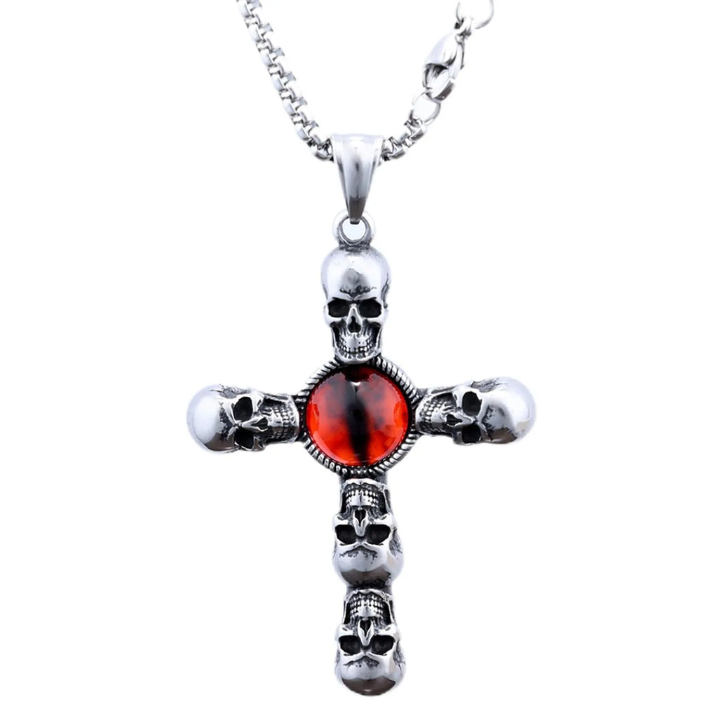 Stainless steel skull red eye cross pendant necklace with polished finish on 60cm square pearl chain, steel colour