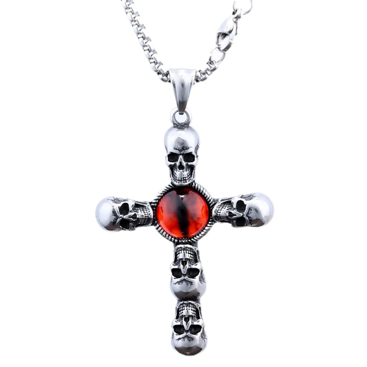 Stainless steel skull red eye cross pendant necklace with polished finish on 60cm square pearl chain, steel colour