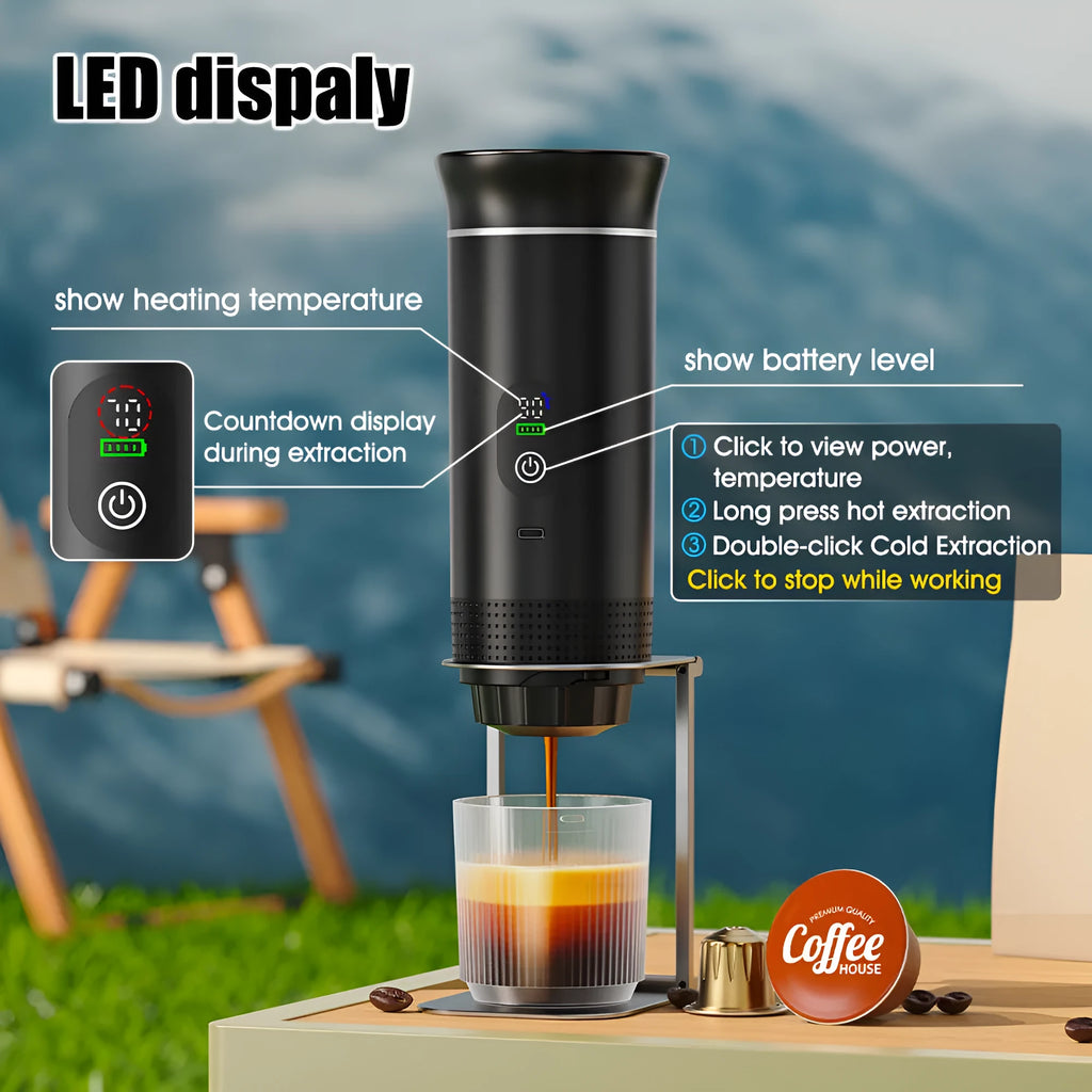Portable capsule coffee machine with LCD display in Nordic design for car and travel use