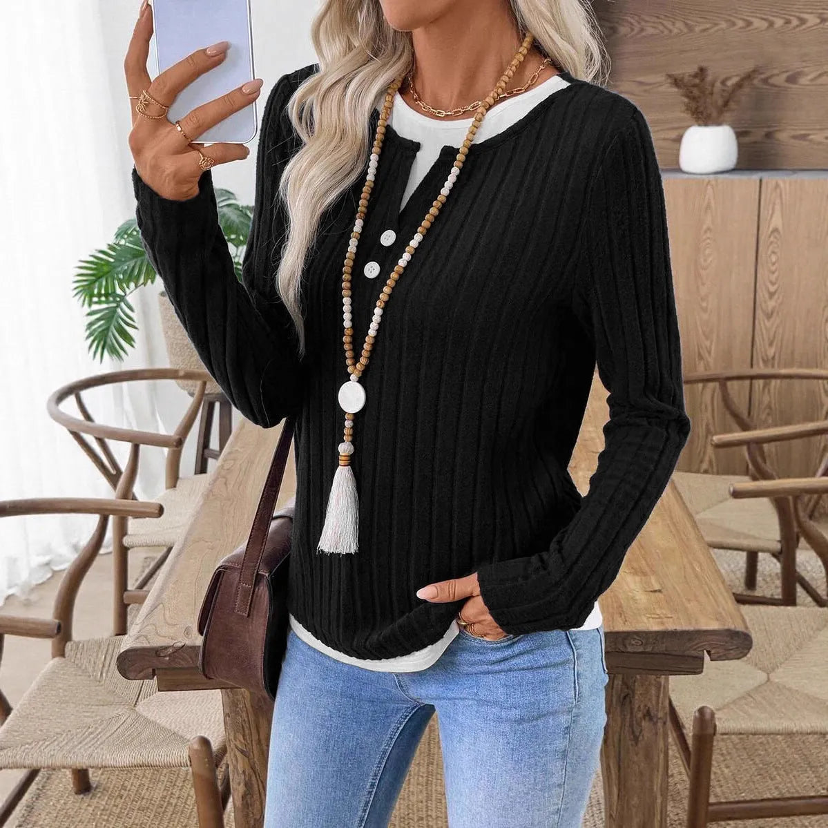 Women's two-piece style pullover sweater in concave stripe polyester with round neck button detail
