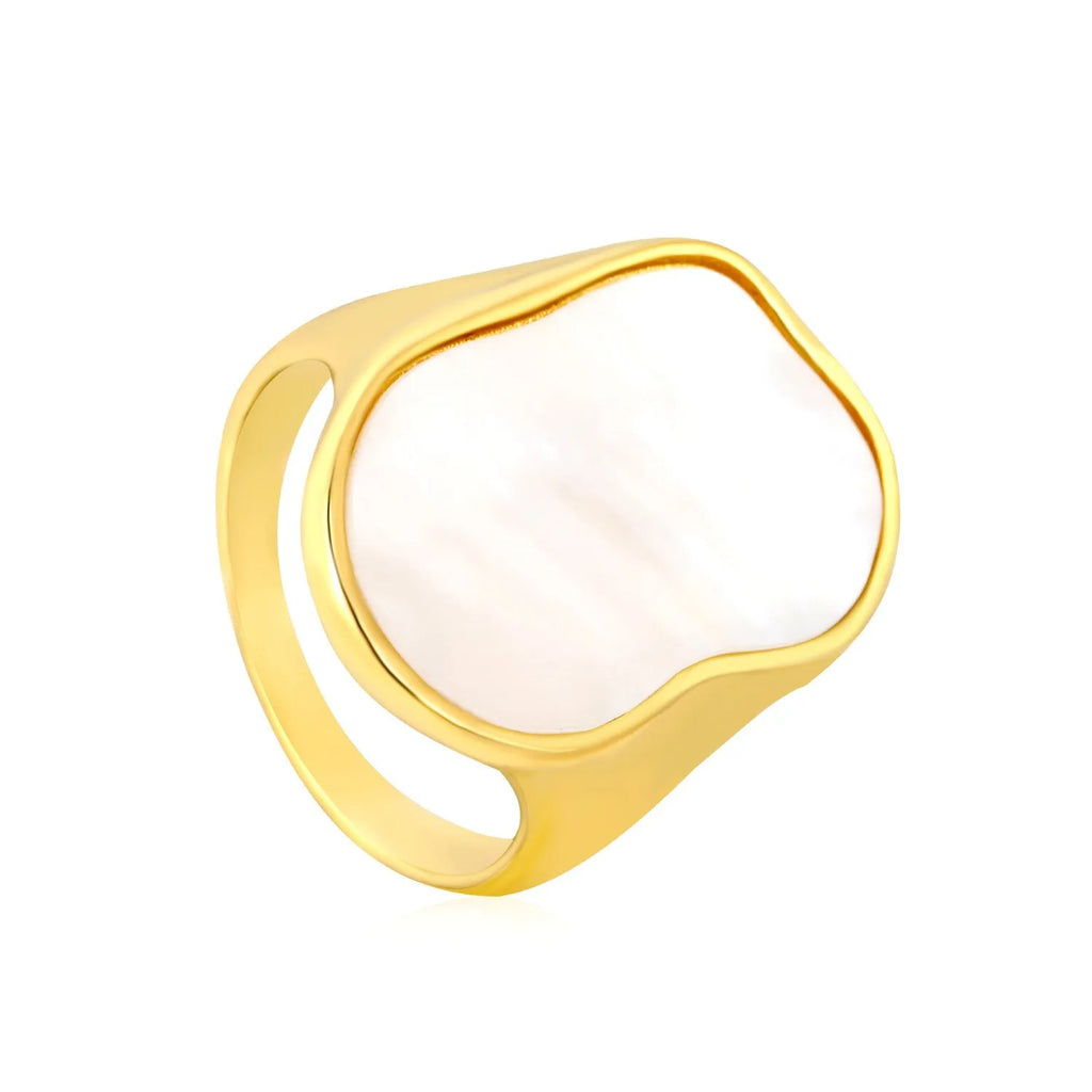 White shell ring with gold plated stainless steel band, diamond and geometric design, for women