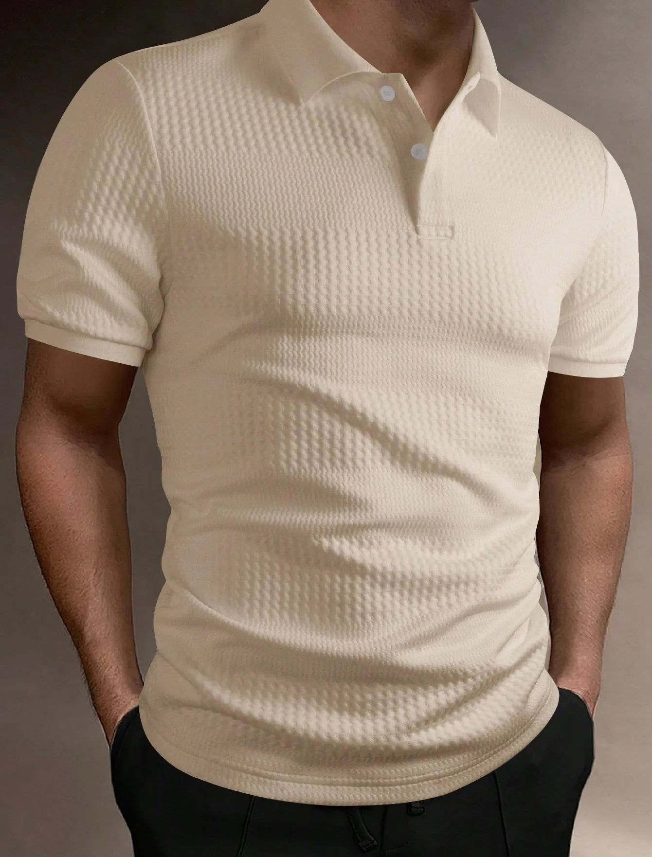 Men's loose-fit striped polo shirt in light blue with an asymmetric hem and short sleeves.