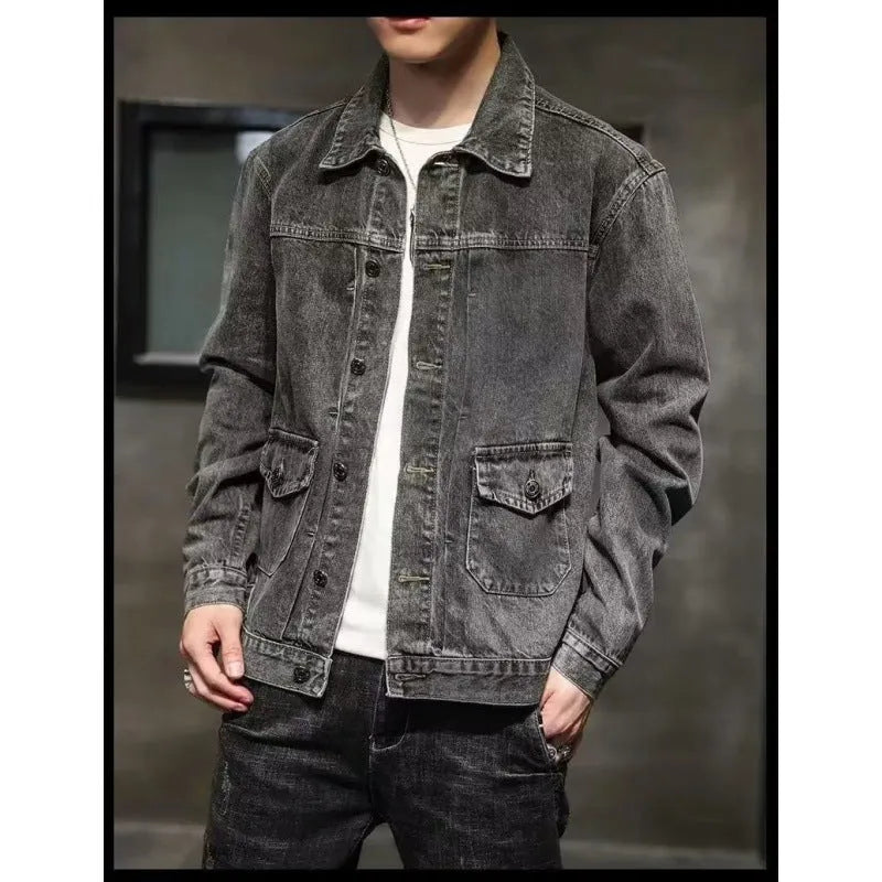 Smoky gray denim short jacket with black and gray colour option, straight hem, and side pockets in Korean style