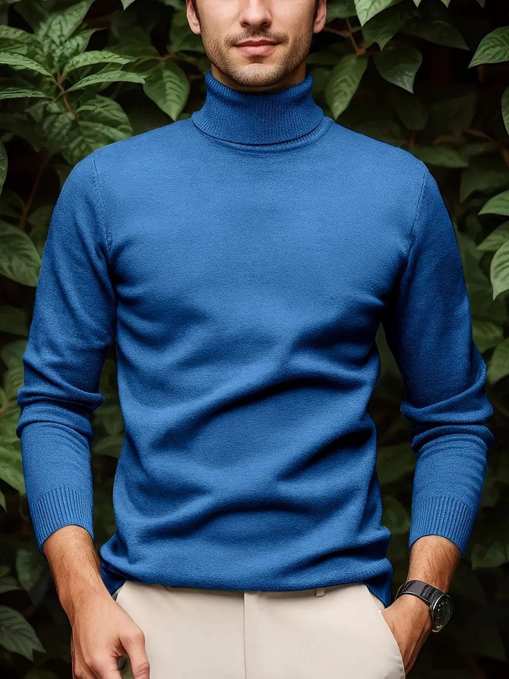 Men's solid color turtleneck sweater in chenille and spandex fabric, available in black, burgundy, coffee, khaki, military blue, sky blue, and white.