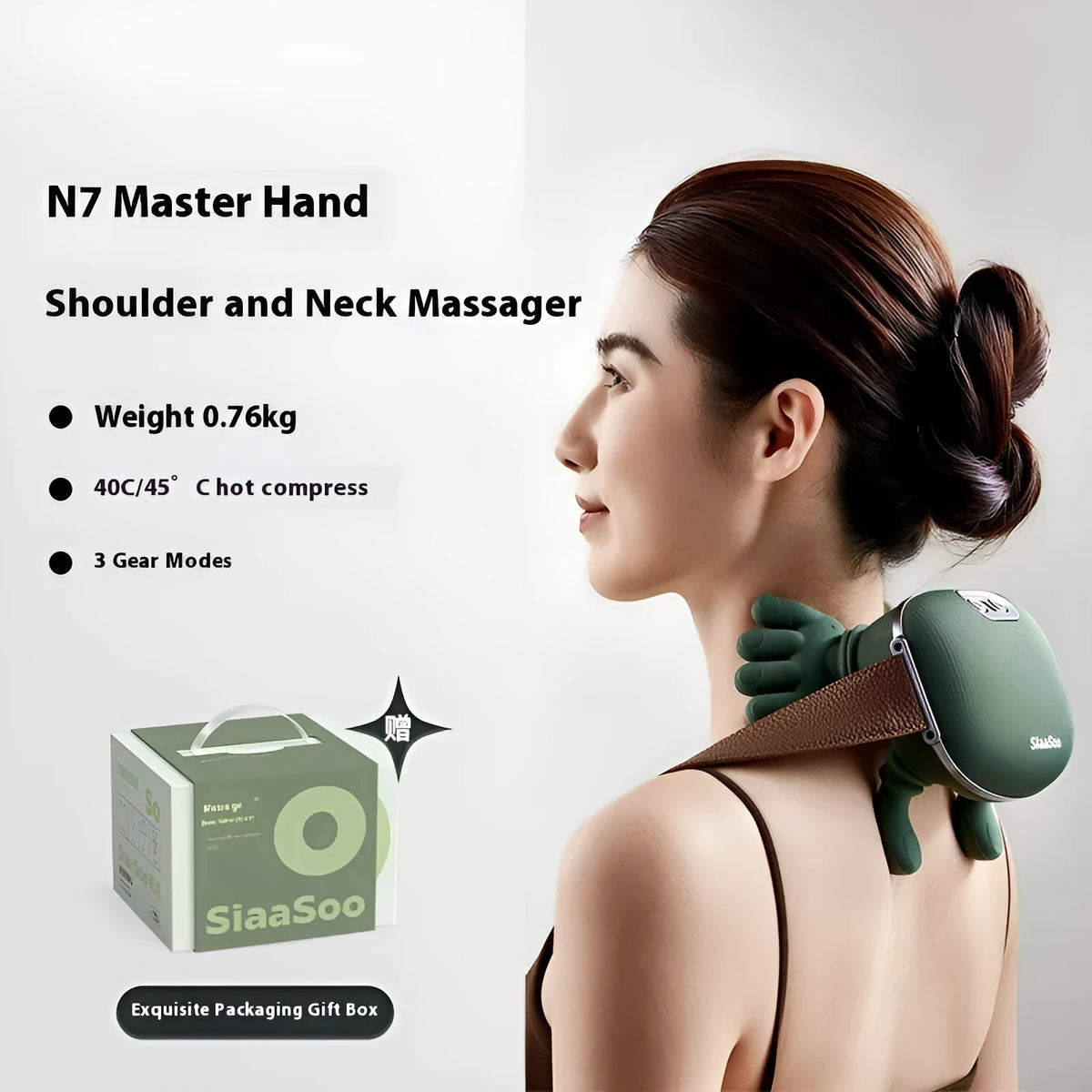 Rechargeable hand shoulder neck massager in moss green on a white background