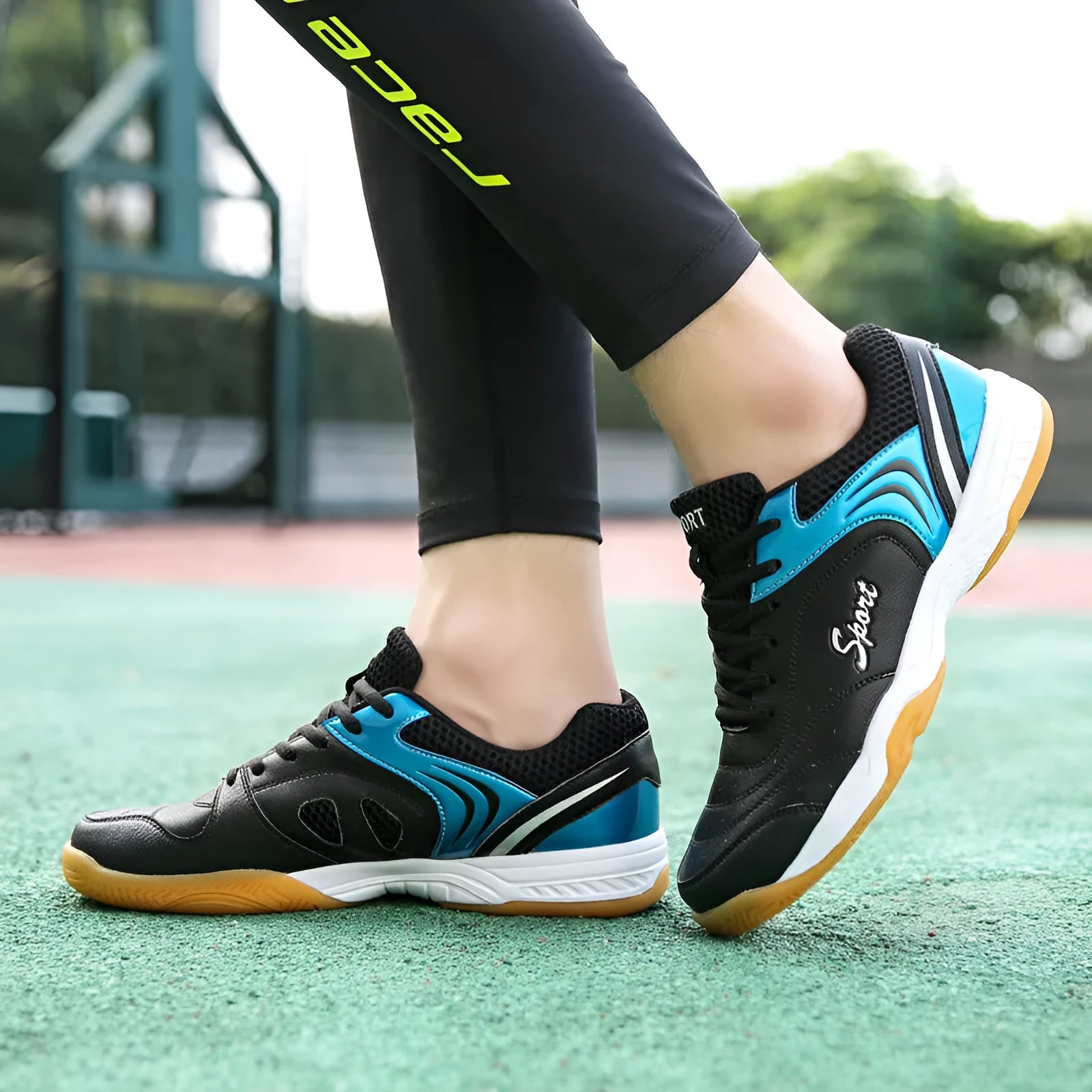 Men's outdoor badminton casual sports shoes, PU upper, rubber sole, flat heel, white black colour, low top