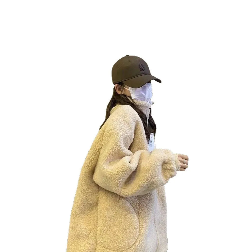 Thickened particle lamb fleece coat for women in beige, regular fit, polyester fabric