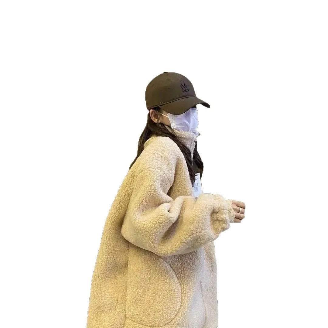 Thickened particle lamb fleece coat for women in beige, regular fit, polyester fabric