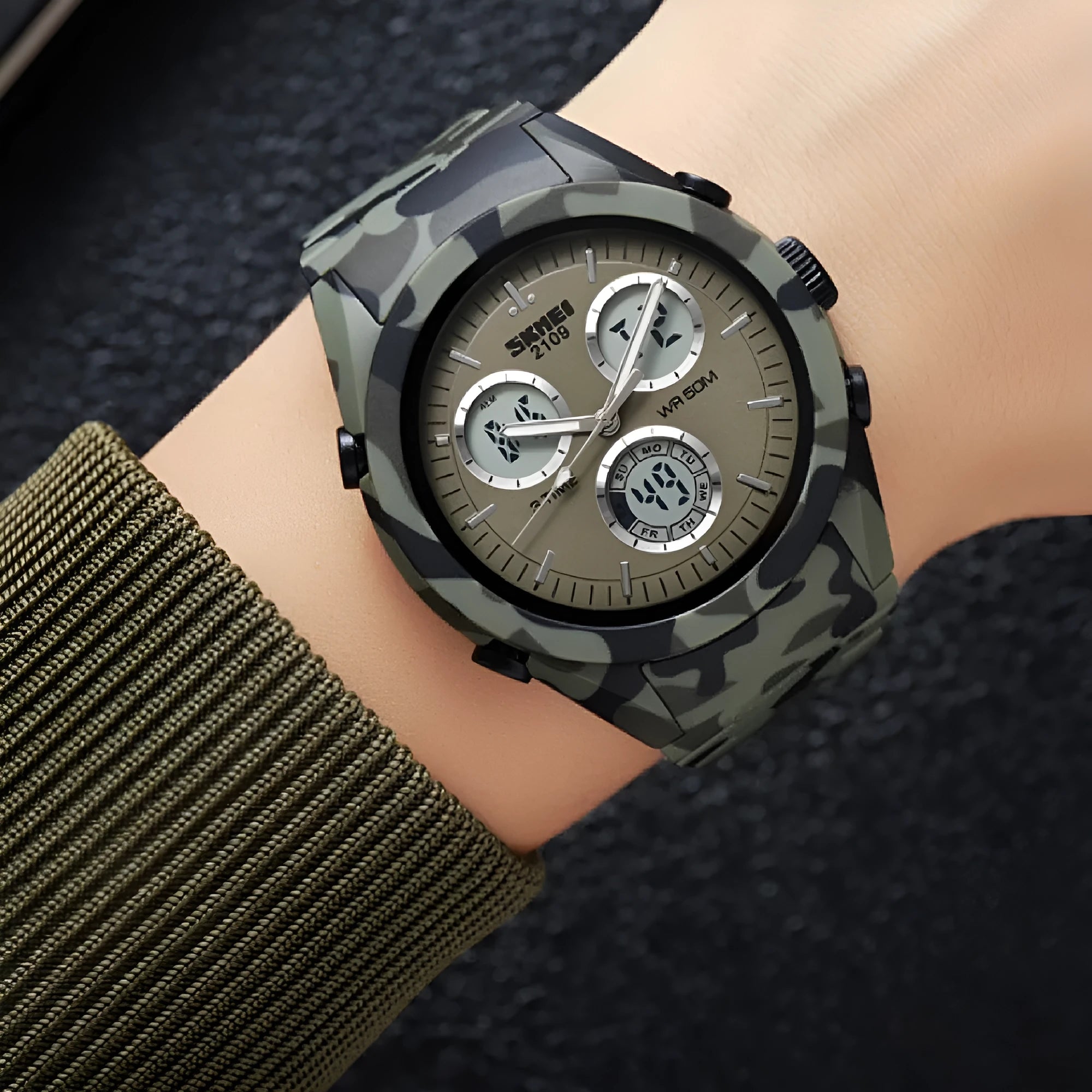 Casual electronic watch with a digital display on a TPU strap, shown in Army Green camouflage colour.