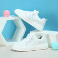 Trendy couple platform sneakers in white and yellow moon with lace-up low-top PU mesh upper
