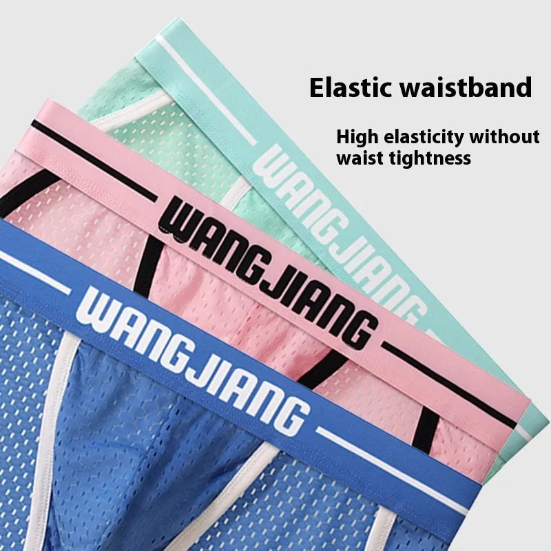Men's ice silk triangle underwear with mesh panels in black, white, grey, blue, pink, and light green