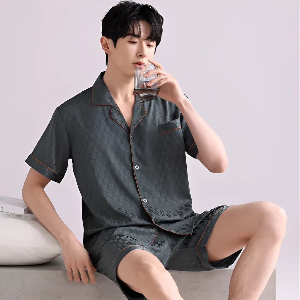 Men's ice silk pajama set with cardigan top and shorts in satin jacquard pattern