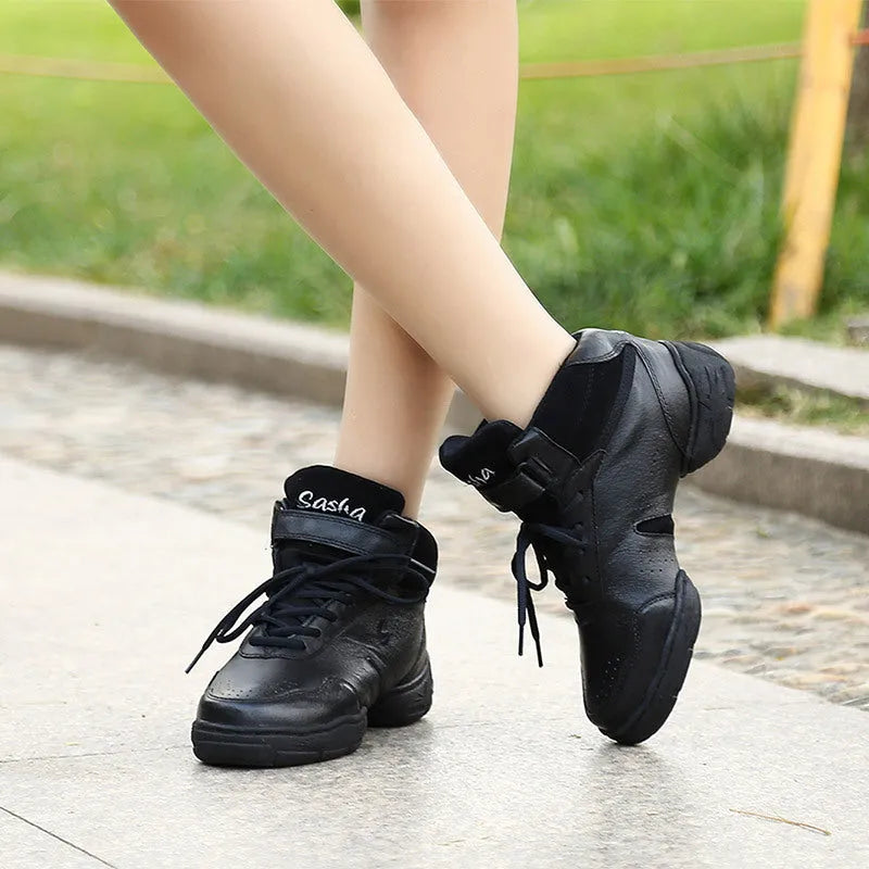 Black leather square dance fitness soft sole shoes with pigskin upper and rubber sole on dance floor