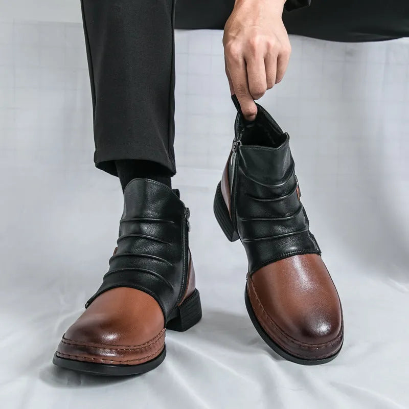 Men's brown Martin booties with side zipper and rubber sole on white background