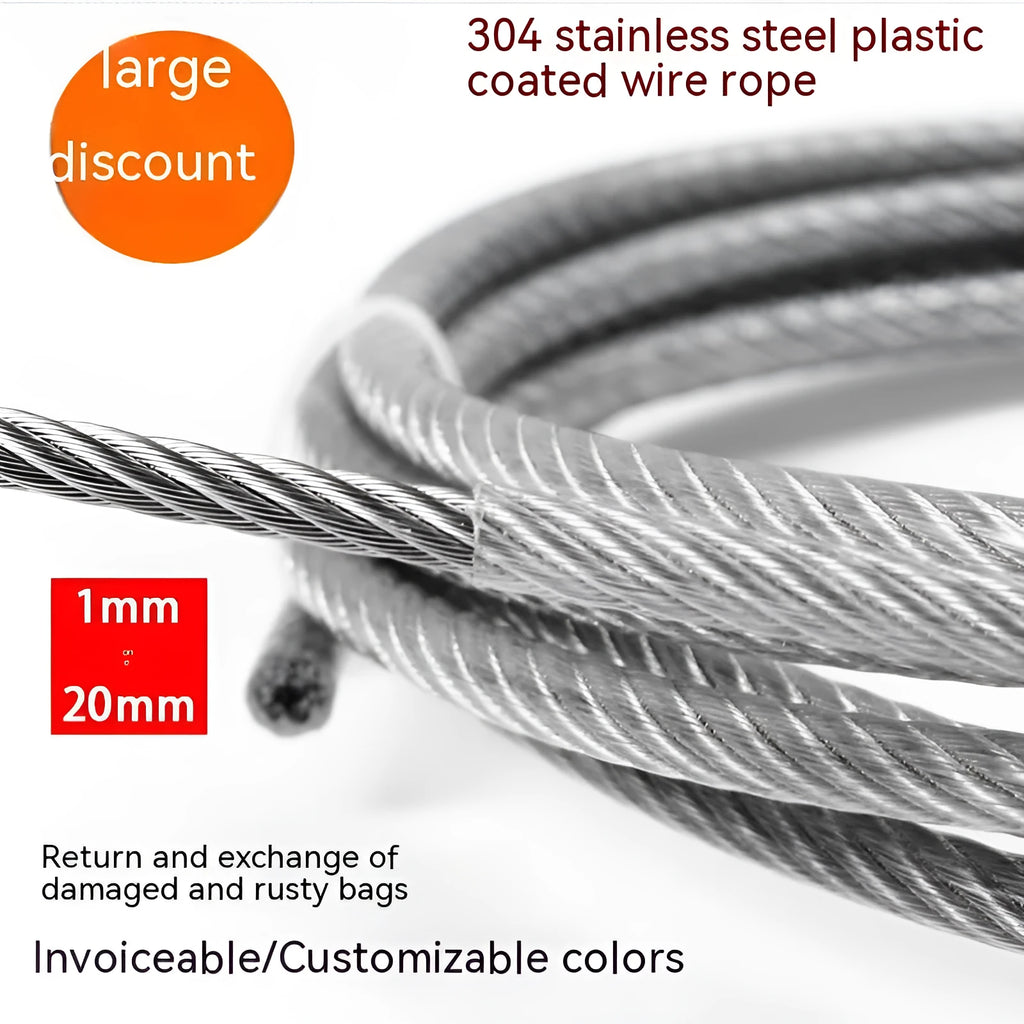 Coiled 304 stainless steel security wire rope with a coated finish on a white background.