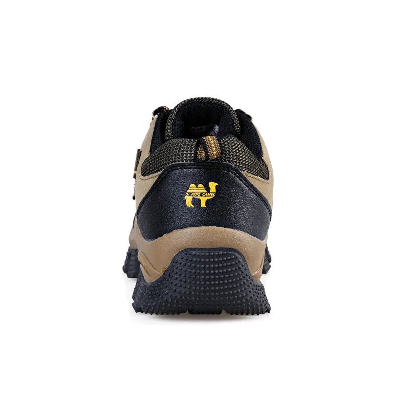 Unisex hiking shoes with TPR non-slip sole, waterproof upper, in brown orange colour on outdoor ground