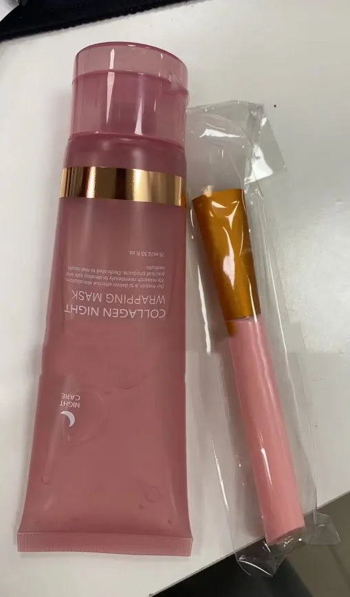 75ml bottle of collagen night mask with applicator brush for skin firming and hydration.