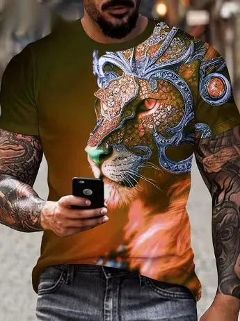 Men's black T-shirt with a large, detailed 3D lion print on the chest