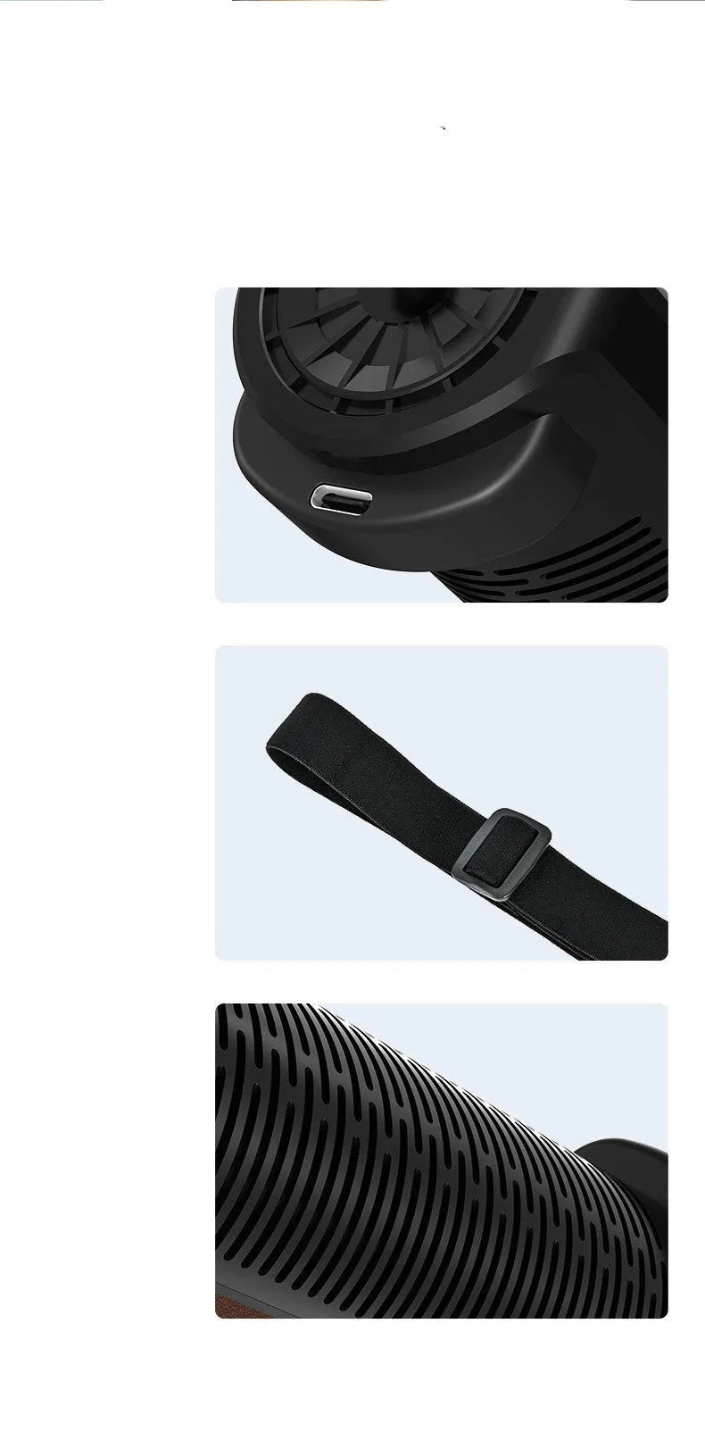 Black ventilated rear bladeless car mounted fan with USB power cord showing compact dimensions