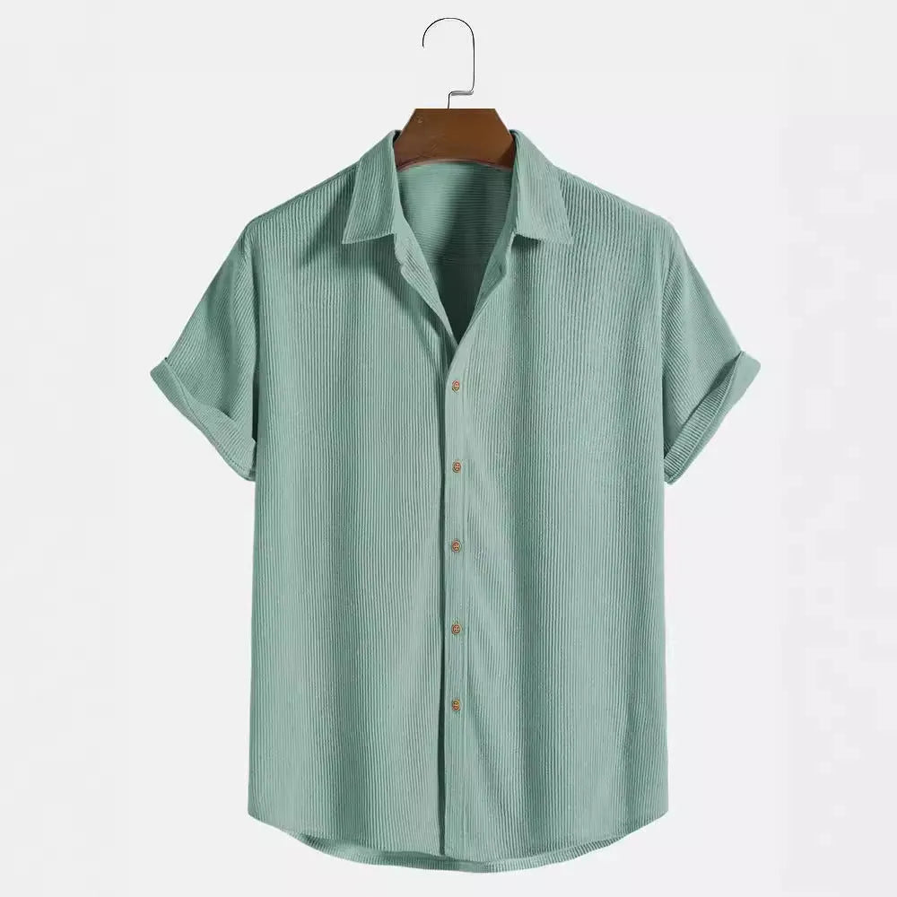 Men's casual short-sleeved polyester shirt in cardigan style on a hanger