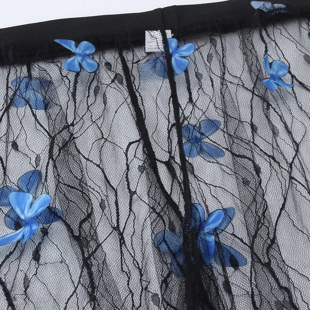 Women's black butterfly bikini three-piece set with top, briefs and skirt, polyester fabric, sizes S-XXL