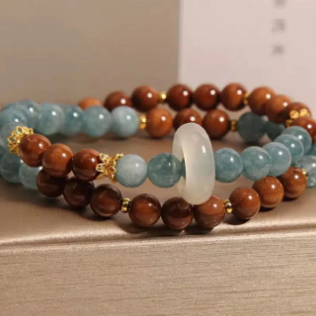 Women's double ring bracelet in cook blue water jade with electroplated finish, natural crystal semi-precious stone, flexible round geometric shape, New Chinese style