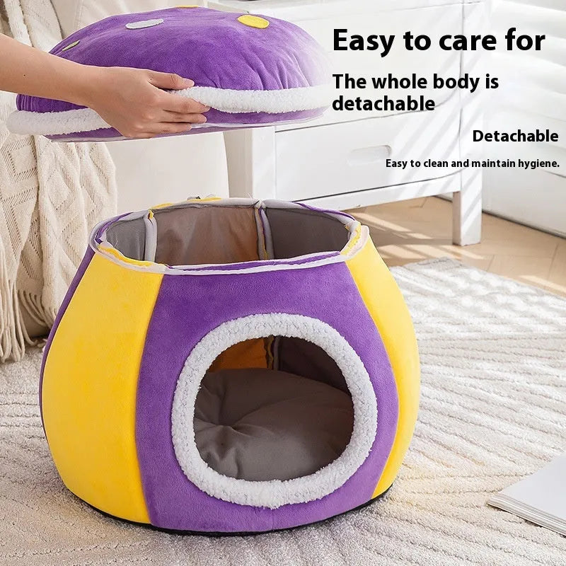 Grey mushroom-shaped plush cat nest with a round entrance, showing thick thermal lining and a separate blanket.