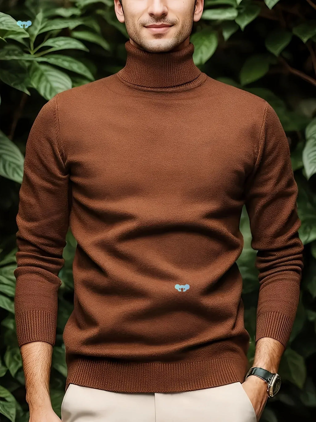 Men's solid color turtleneck sweater in chenille and spandex fabric, available in black, burgundy, coffee, khaki, military blue, sky blue, and white.