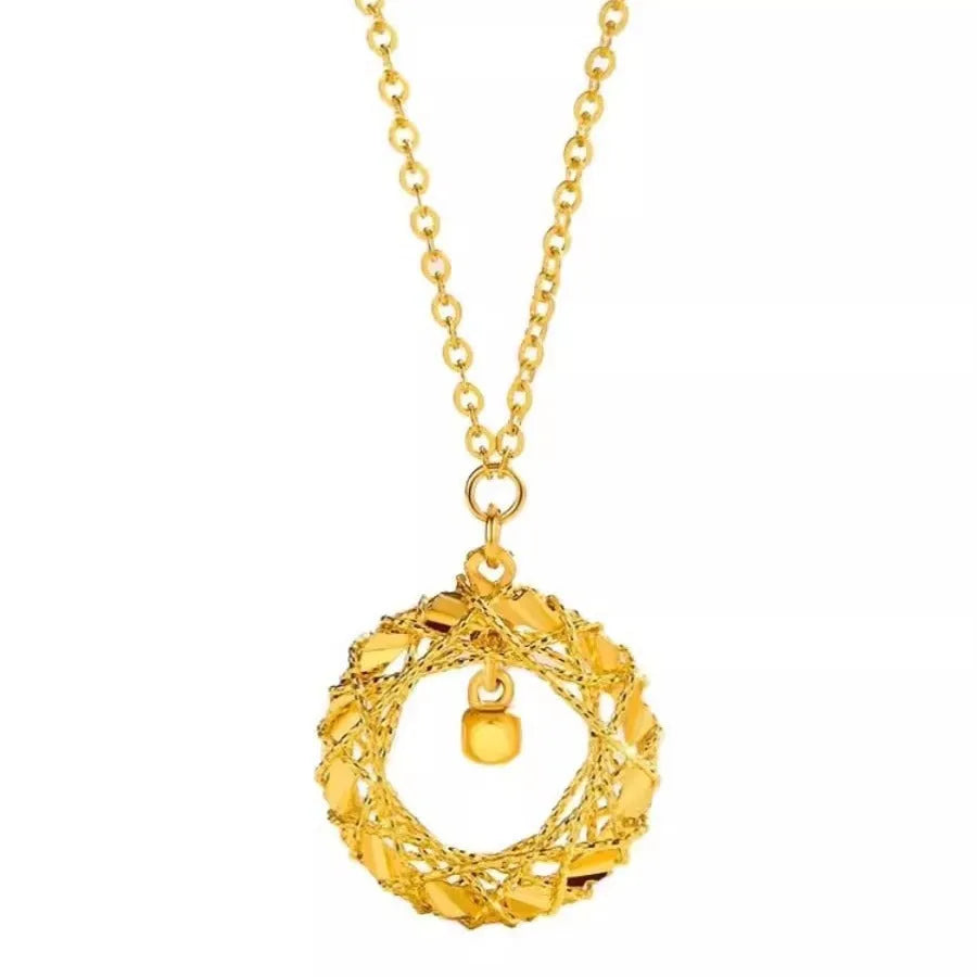 Gold circle net design necklace on a woman, titanium steel geometric pendant with O-chain style