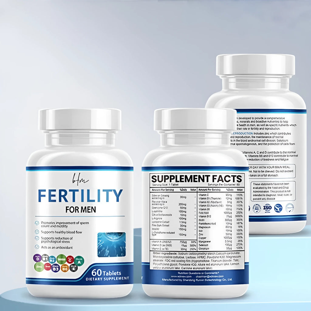 Bottle of male fertility tablets containing 60 count with COMLEX vitamin mineral amino acids formula.