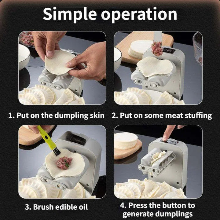 White automatic electric dumpling maker machine with USB charging cable, brush, and spoon on a kitchen counter.