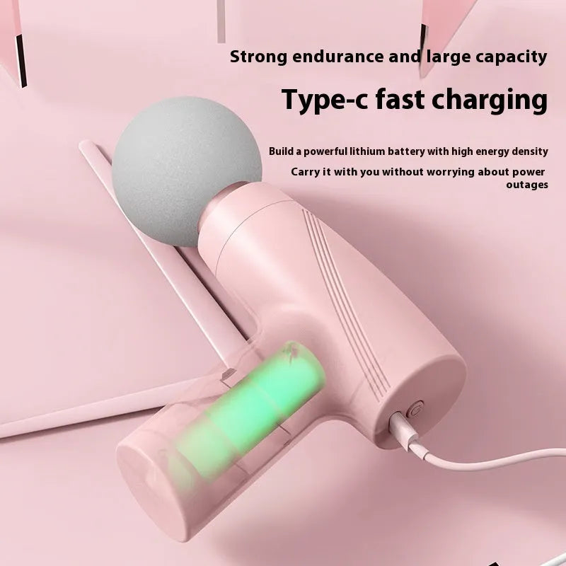 USB portable mini massage gun in white with brushed motor, three speed settings, and digital display