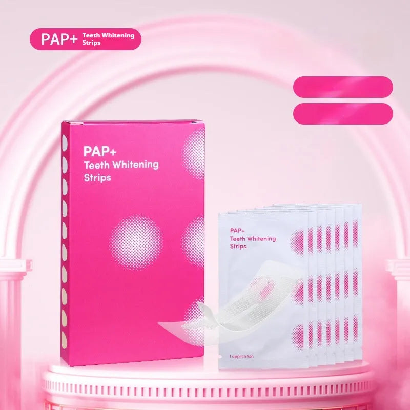 Box of teeth whitening patches with activated carbon and PAP in black packaging showing 7 pairs of stickers