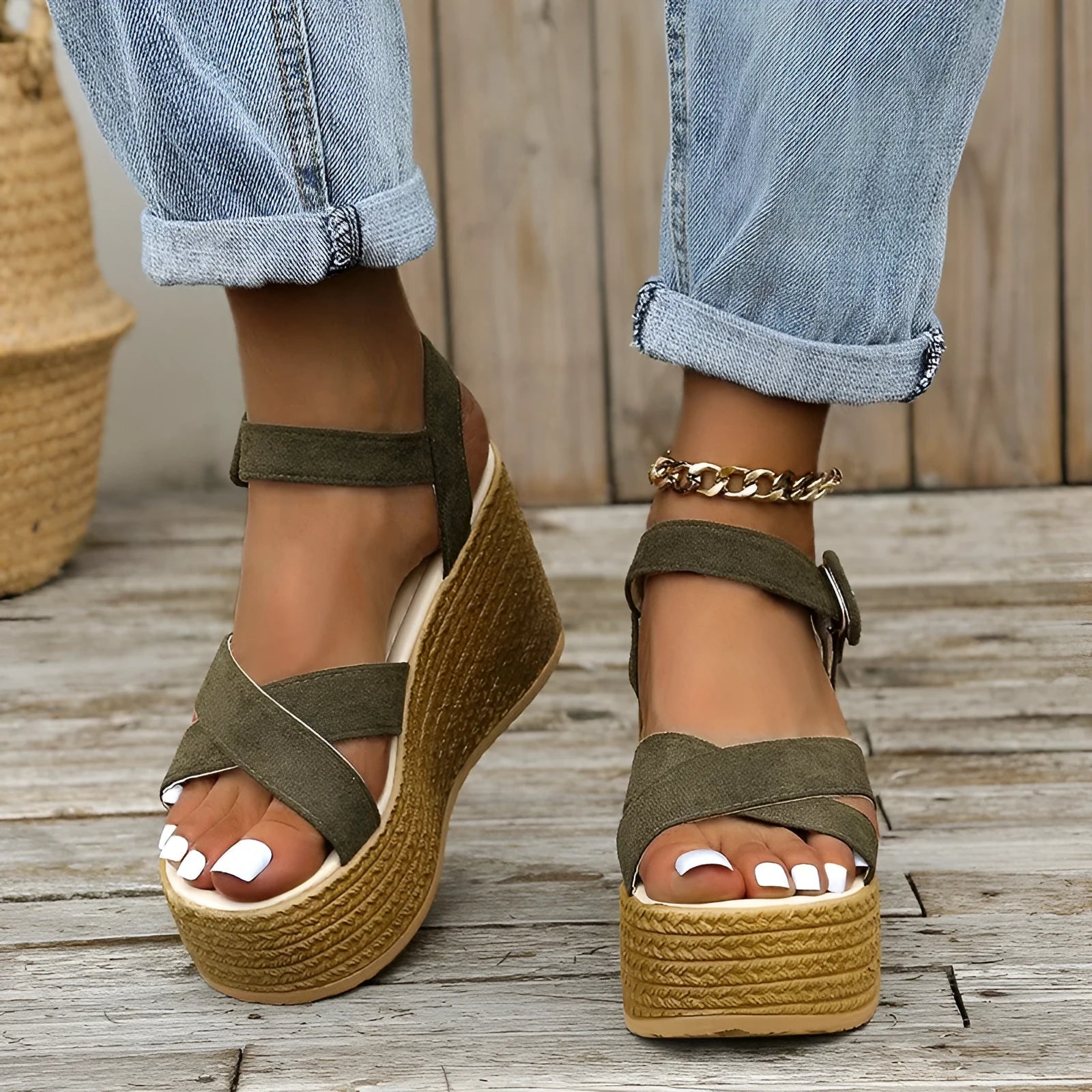 Women's wedge sandals with hemp heels, non-slip cross-strap, and hollow-out lamb pulp upper in army green