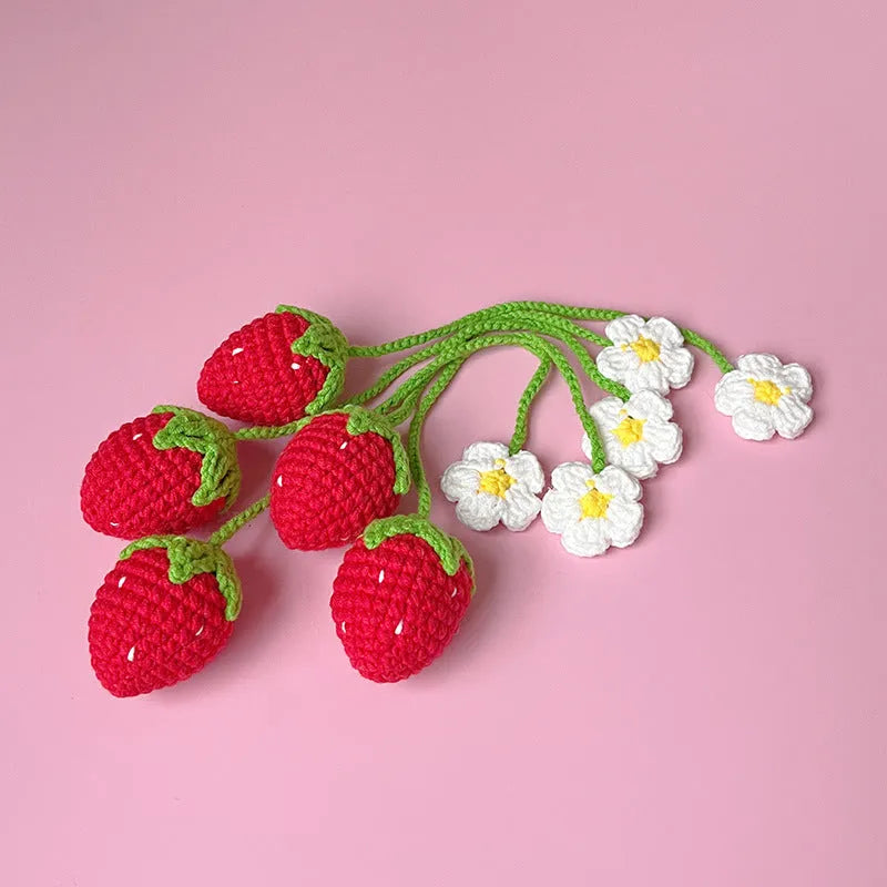 Handmade wool crochet strawberry pendant with woven texture in pink or red colours