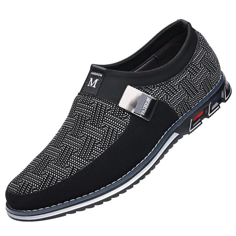 Men's synthetic leather casual shoes in black with a square toe and flat rubber sole.