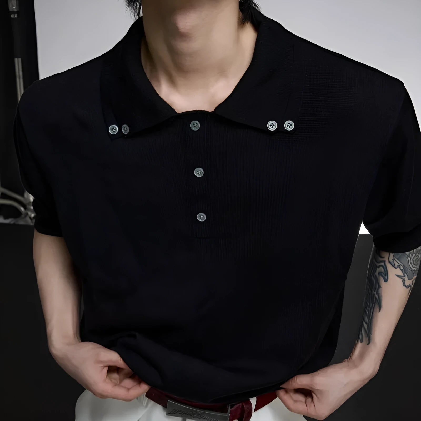 Men's black polyester short sleeve shirt with double collar lapel design and loose fit